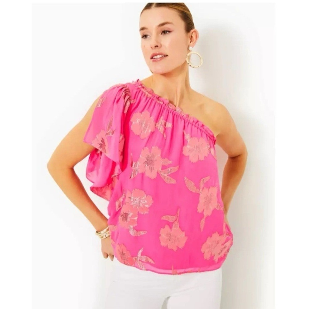 NWT Lilly Pulitzer Sarahleigh Silk Blend One Shoulder Tank Top Pink Gold XL